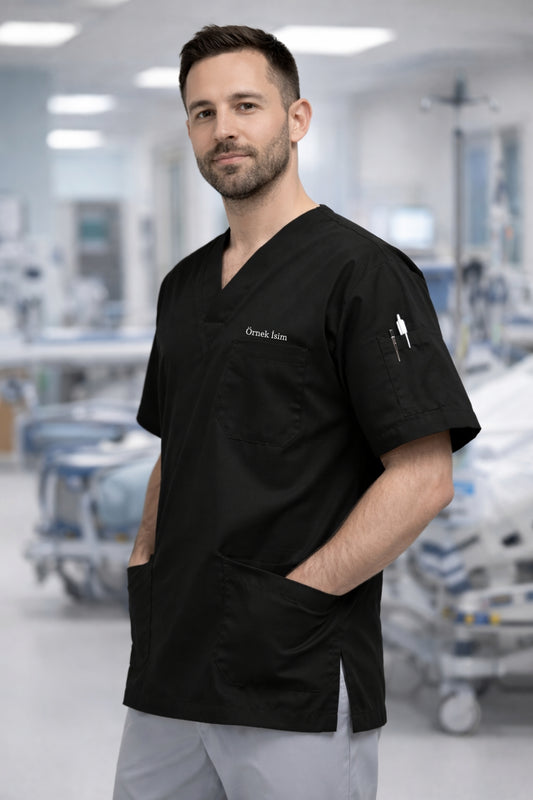 Personalized Men's Single Top Scrubs Jersey with 4 Pockets - Black