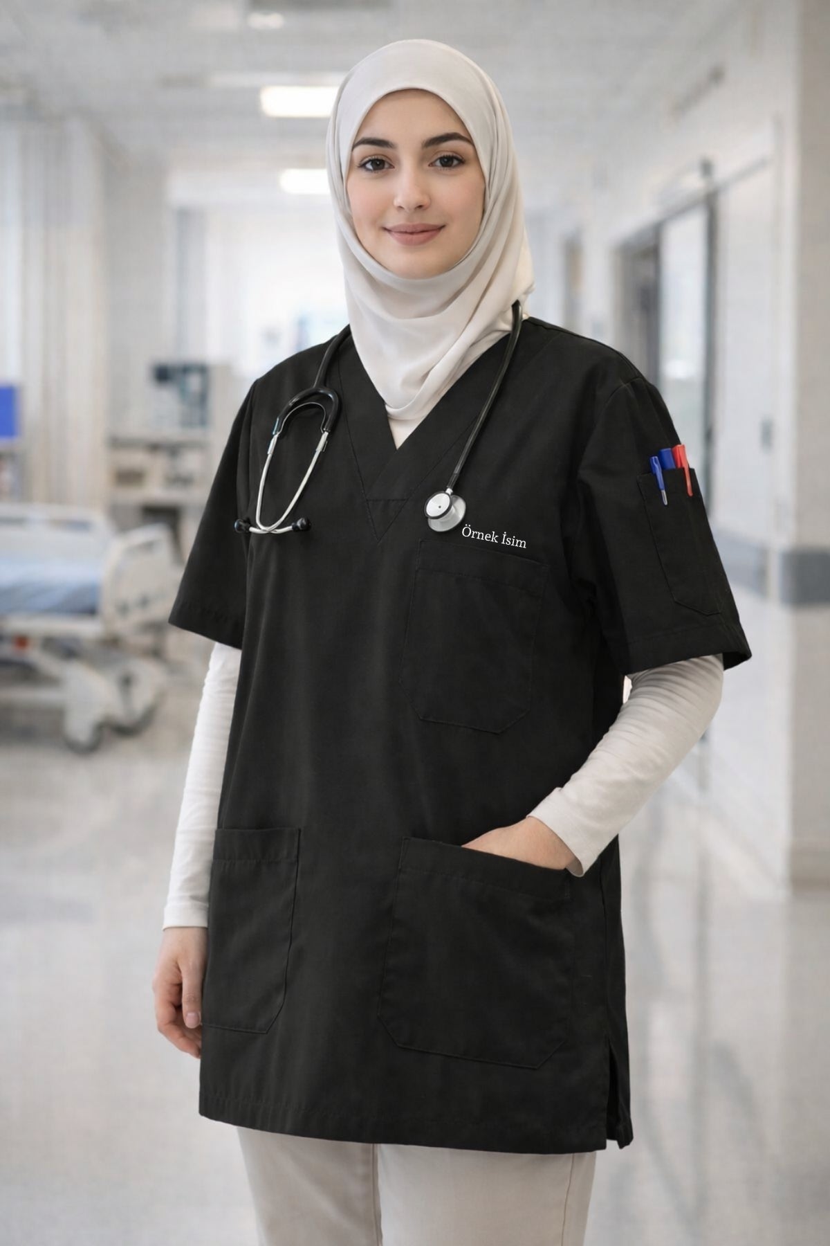 Kişiye Özel İsimli Tek Üst 4 Cepli Scrubs Forma - Siyah