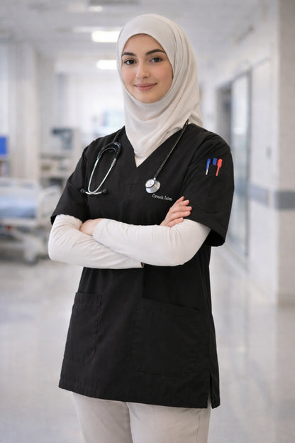 Kişiye Özel İsimli Tek Üst 4 Cepli Scrubs Forma - Siyah