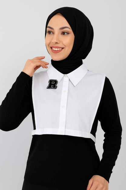 Siyah R Harf Detaylı Gömlek Yakası - Beyaz