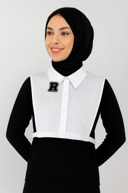 Siyah R Harf Detaylı Gömlek Yakası - Beyaz
