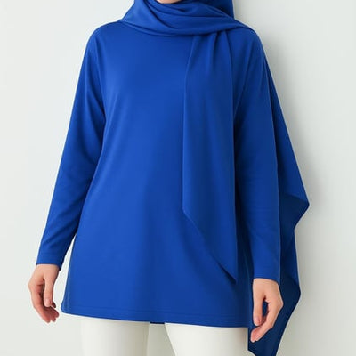 Kadın Saks Mavisi Dökümlü Tunik (Bandana Hediyeli)