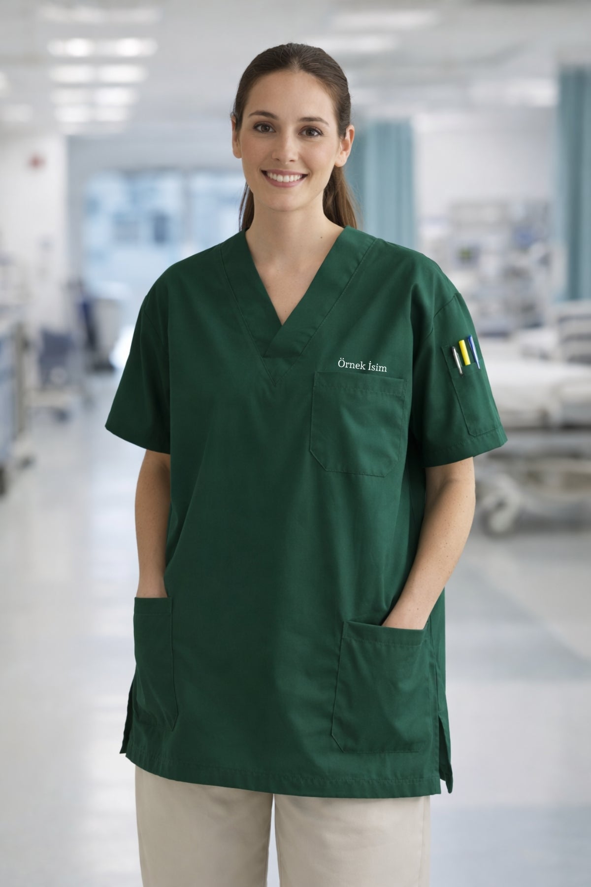 Kişiye Özel İsimli Tek Üst 4 Cepli Scrubs Forma - Yeşil