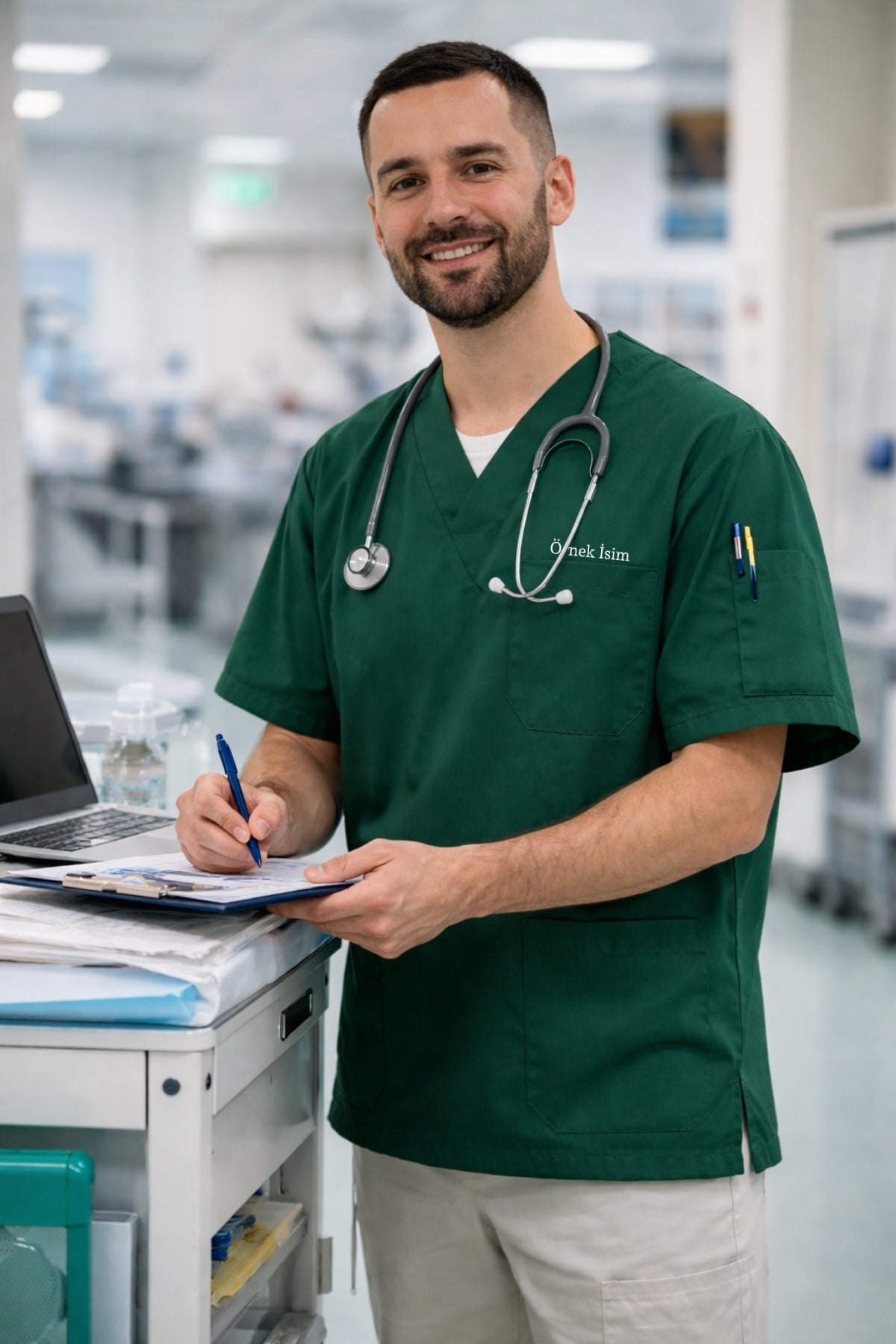 Personalized Men's Single Top 4-Pocket Scrubs Jersey - Green