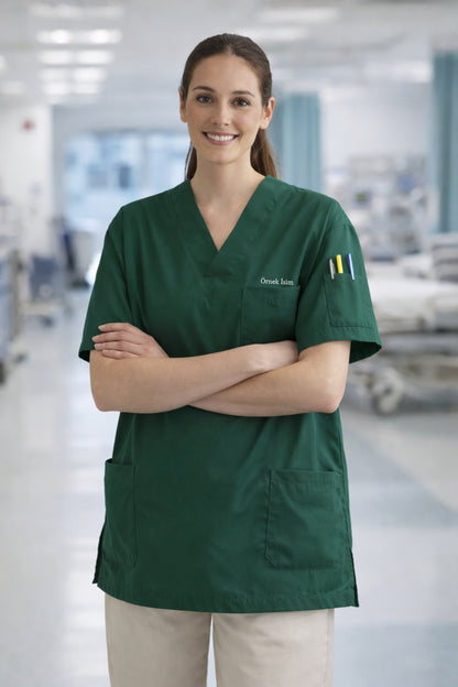 Kişiye Özel İsimli Tek Üst 4 Cepli Scrubs Forma - Yeşil