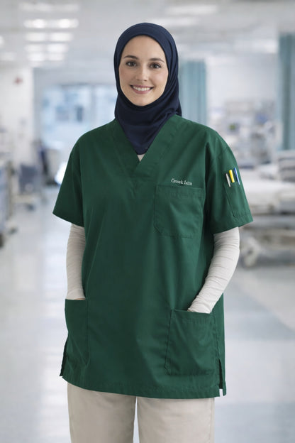 Kişiye Özel İsimli Tek Üst 4 Cepli Scrubs Forma - Yeşil