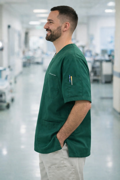 Personalized Men's Single Top 4-Pocket Scrubs Jersey - Green